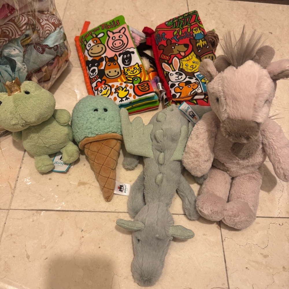 Jellycat little Sage Dragon, Ice Cream,Green Crowning Croaker Frog, Horse, Books